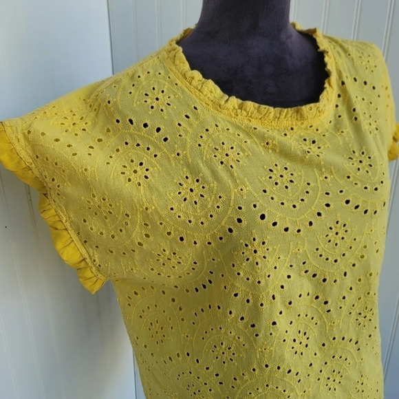 Shein Yellow Boho Scalloped Eyelet Blouse Womens Cotton Blend Keyhole 2XL - Picture 9 of 9